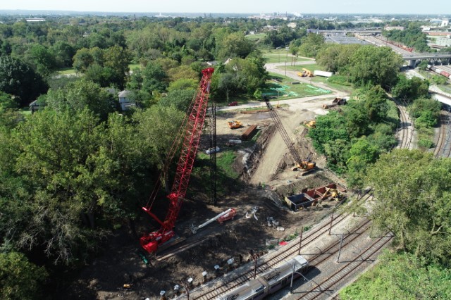 Opportunity Corridor Blvd.and RTA Blue and Green Rapid lines - pile installation - looking west. Taken Sept. 2019
