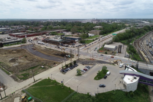 E.55th and Opportunity Corridor Blvd. - temp road construction - not active - looking southwest. Taken May 2019.
