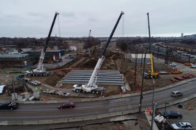 E.55th and Opportunity Corridor Blvd. - beam erection - looking west. Taken March 2020.
