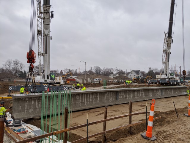 Top down construction of the East 55th Street bridge over the new boulevard in March 2020.